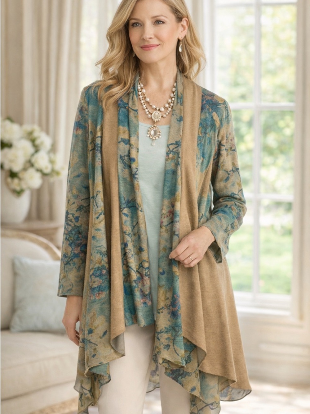 Soft Surroundings Draped Jacket | Watercolor Floral Sheer Lining |  Boho | XL